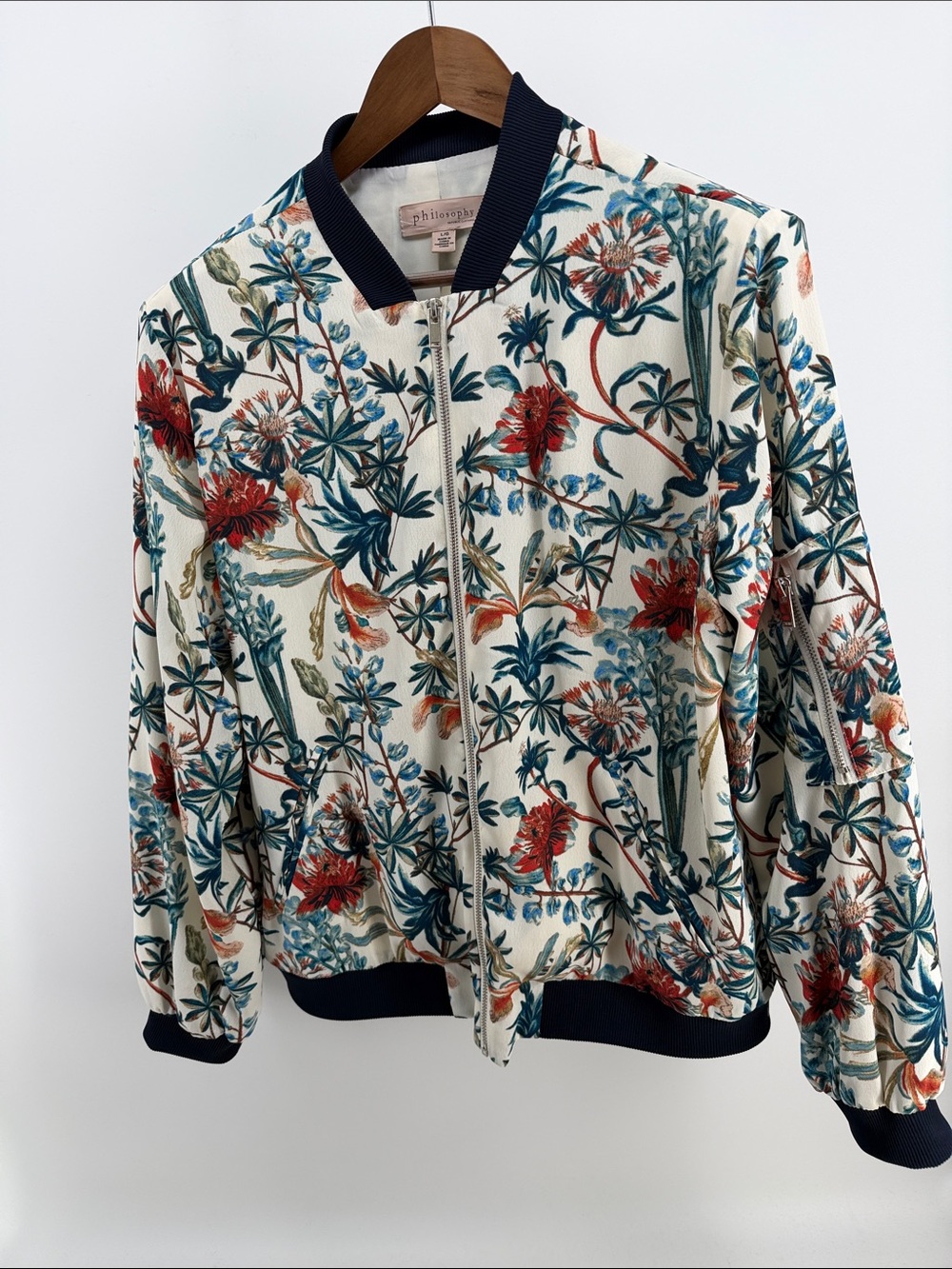 Philosophy di Lorenzo Serafini Ivory Floral Bomber with Navy Trim